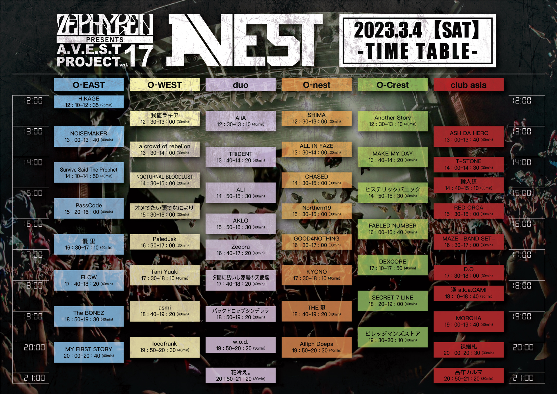 東京・渋谷 ライブハウス6会場にて開催される Zephyren Presents A.V.E.S.T project vol.17 タイムテーブル解禁！